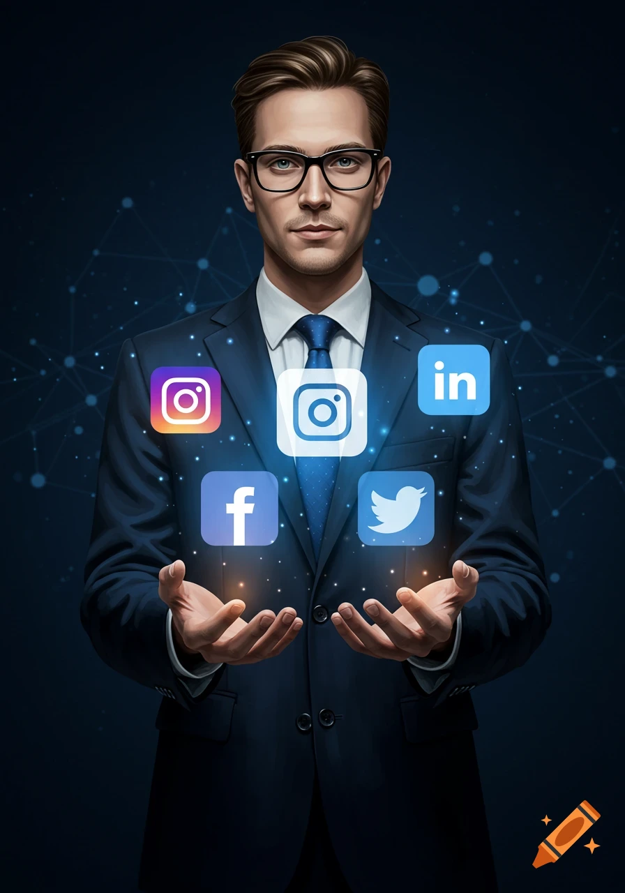 A professional man in a suit and glasses holds glowing social media icons (Facebook, Instagram, Twitter, LinkedIn) on a dark blue tech background.