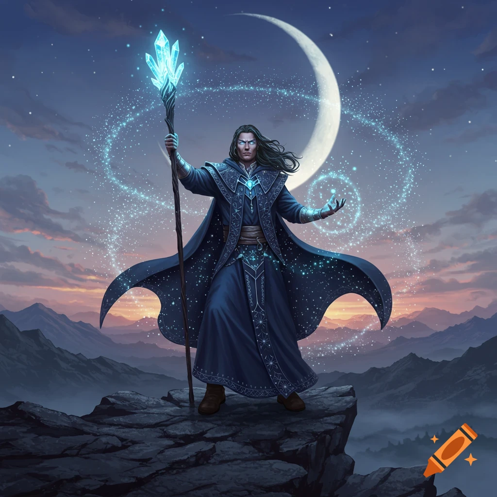 A fantasy mage with a glowing crystal staff casts magic on a mountain peak at twilight under a crescent moon.