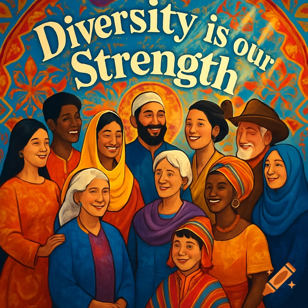 A colorful illustration depicts a diverse group of smiling people with the text 'Diversity is our Strength' above them.
