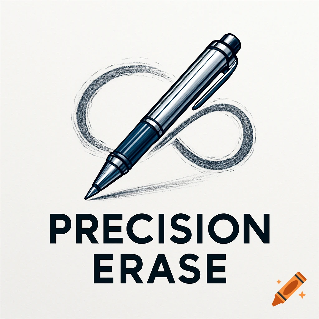 Illustrated logo featuring a silver and blue pen drawing an infinity symbol, with 'PRECISION ERASE' text below it.