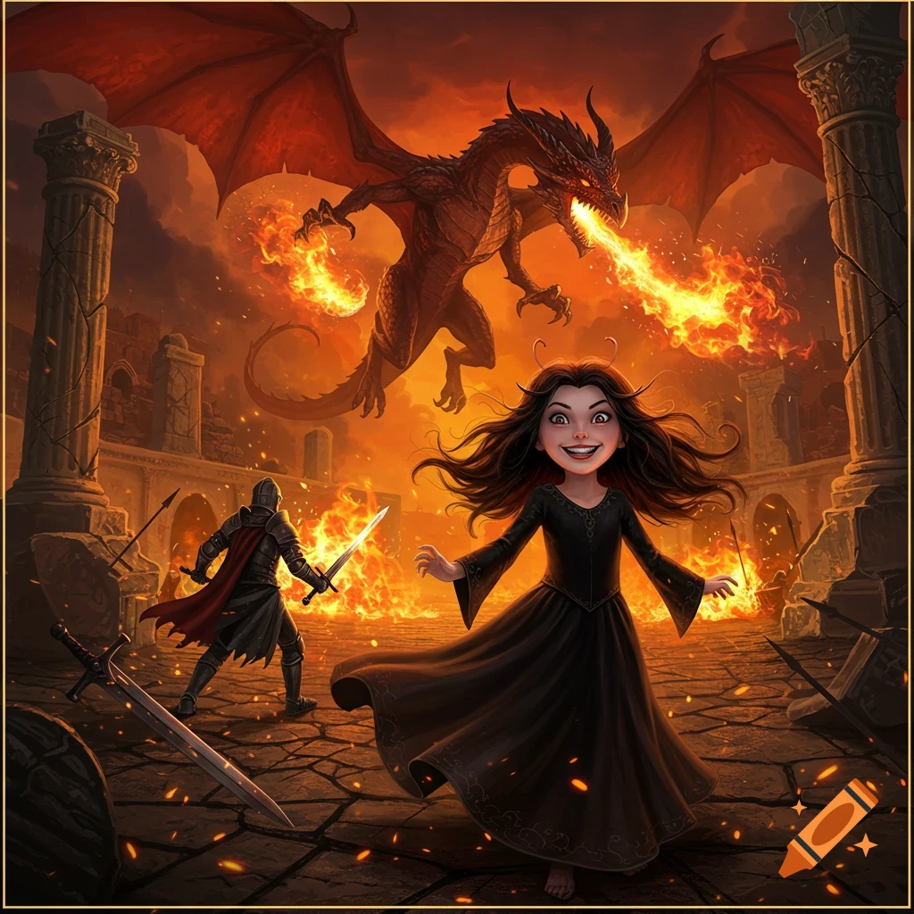 A stylized girl with an evil smile stands in fiery ruins, watching a red dragon breathing fire at a knight, in a fantasy art style.