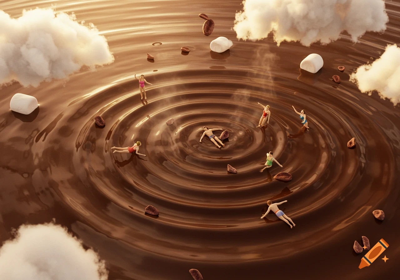 Tiny people swim in a swirling hot chocolate pool with marshmallows, coffee beans, and clouds. Photorealistic.