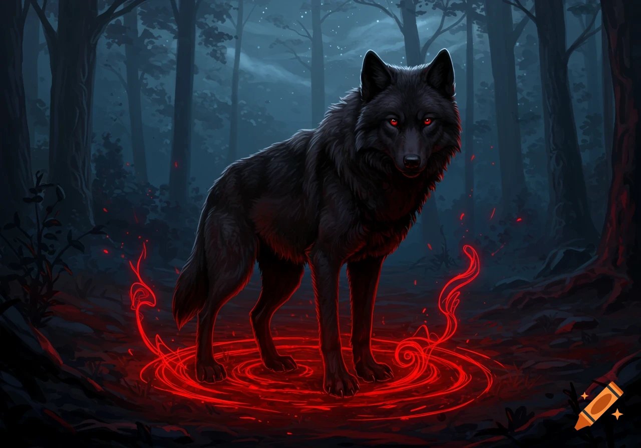 A black wolf with glowing red eyes stands in a dark forest, surrounded by swirling red magical energy.