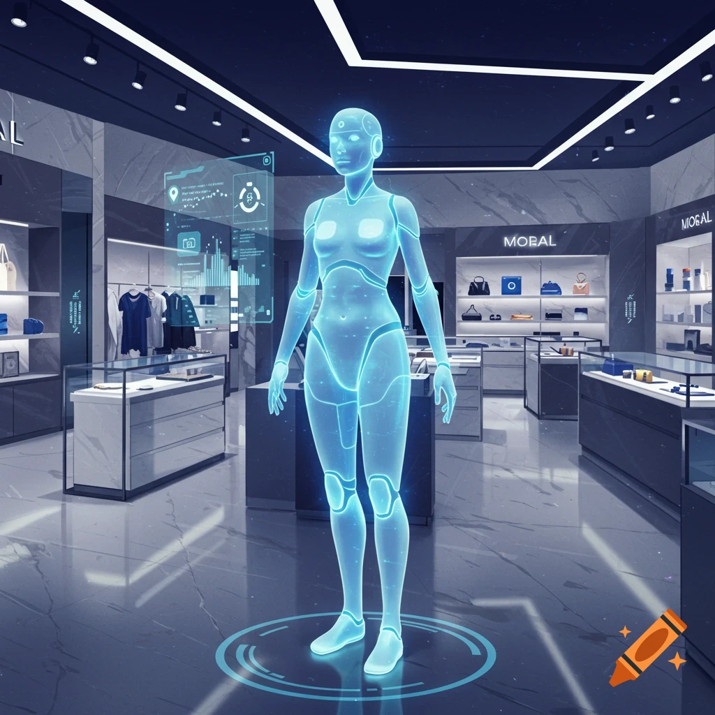 A glowing blue translucent humanoid robot, a virtual assistant, stands in a modern, dark-themed store with displays and merchandise, rendered in a futuristic style.