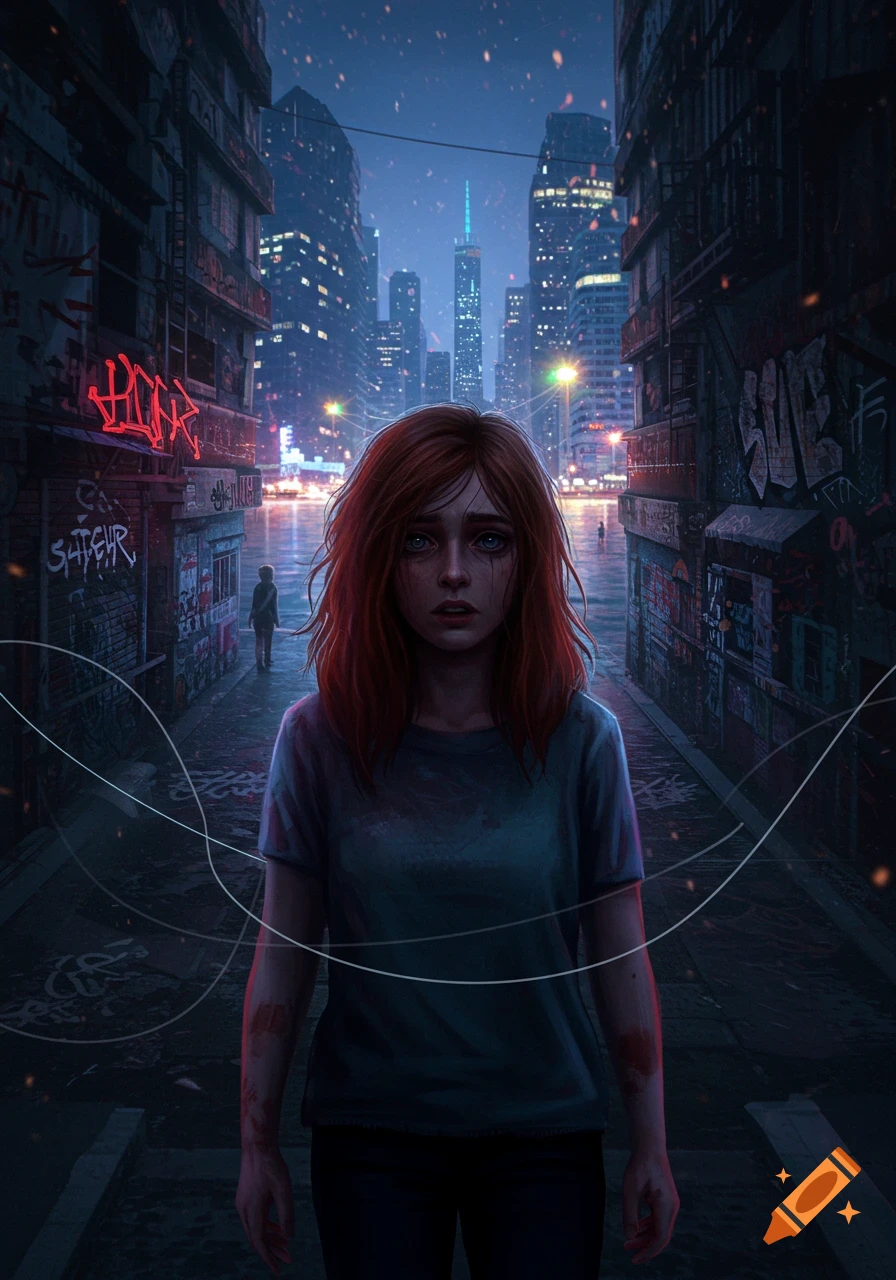 A distressed young woman with red hair stands in a dark, grimy city alley at night, with towering skyscrapers in the background, in a digital art style.