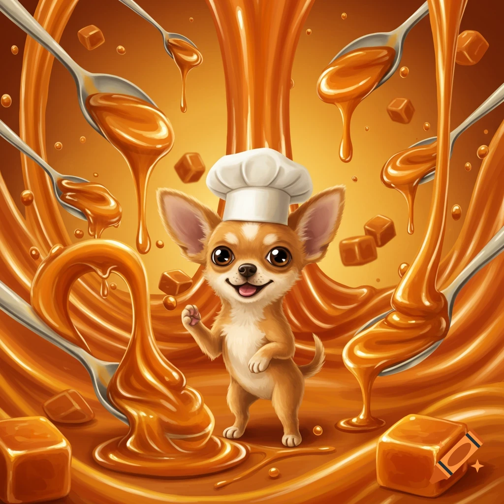 A cute cartoon chihuahua in a chef hat smiles while standing amidst a swirling river of caramel, caramel squares, and spoons.