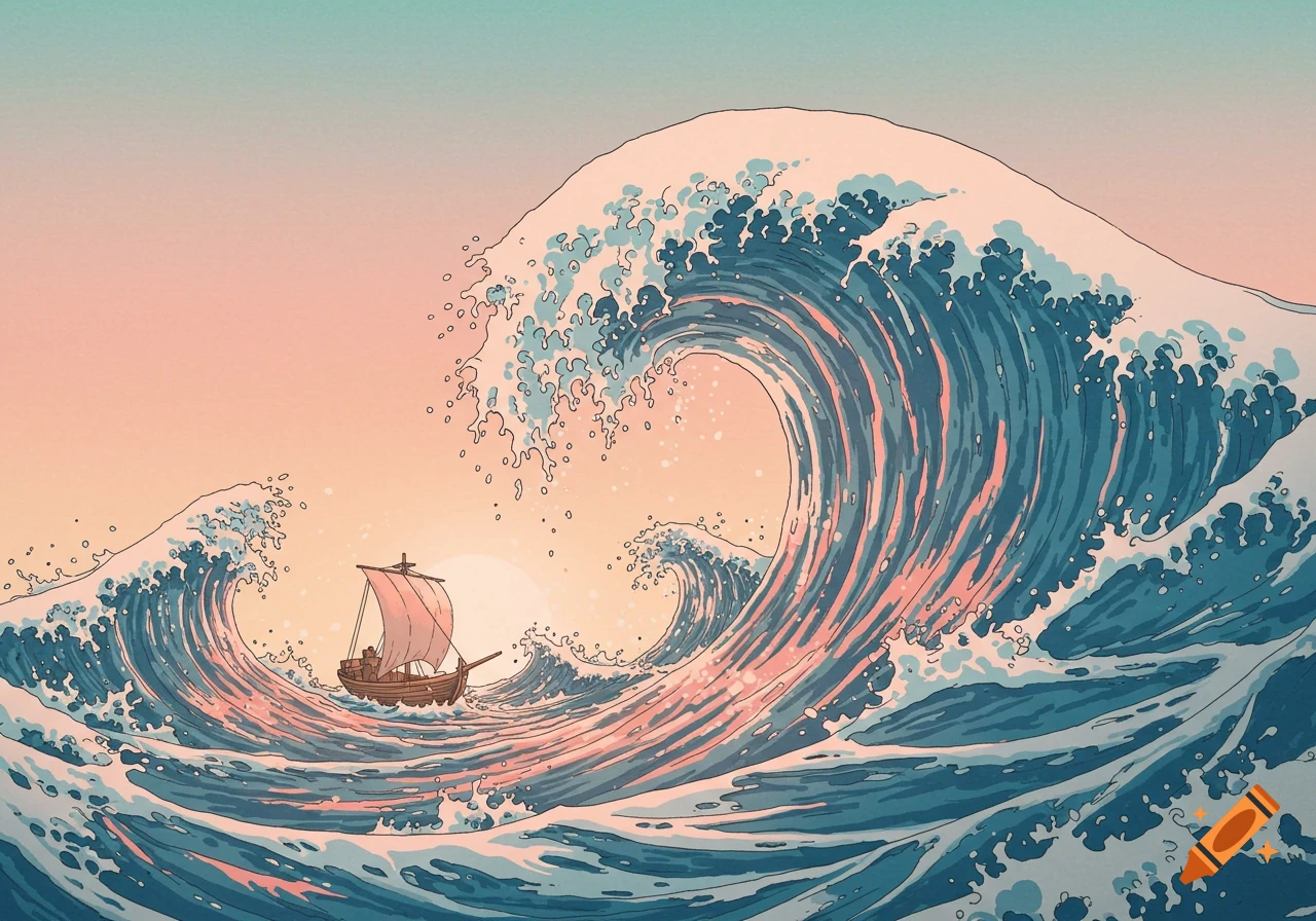 Stylized illustration of a small sailboat riding a colossal wave at sunrise on a pastel ocean.