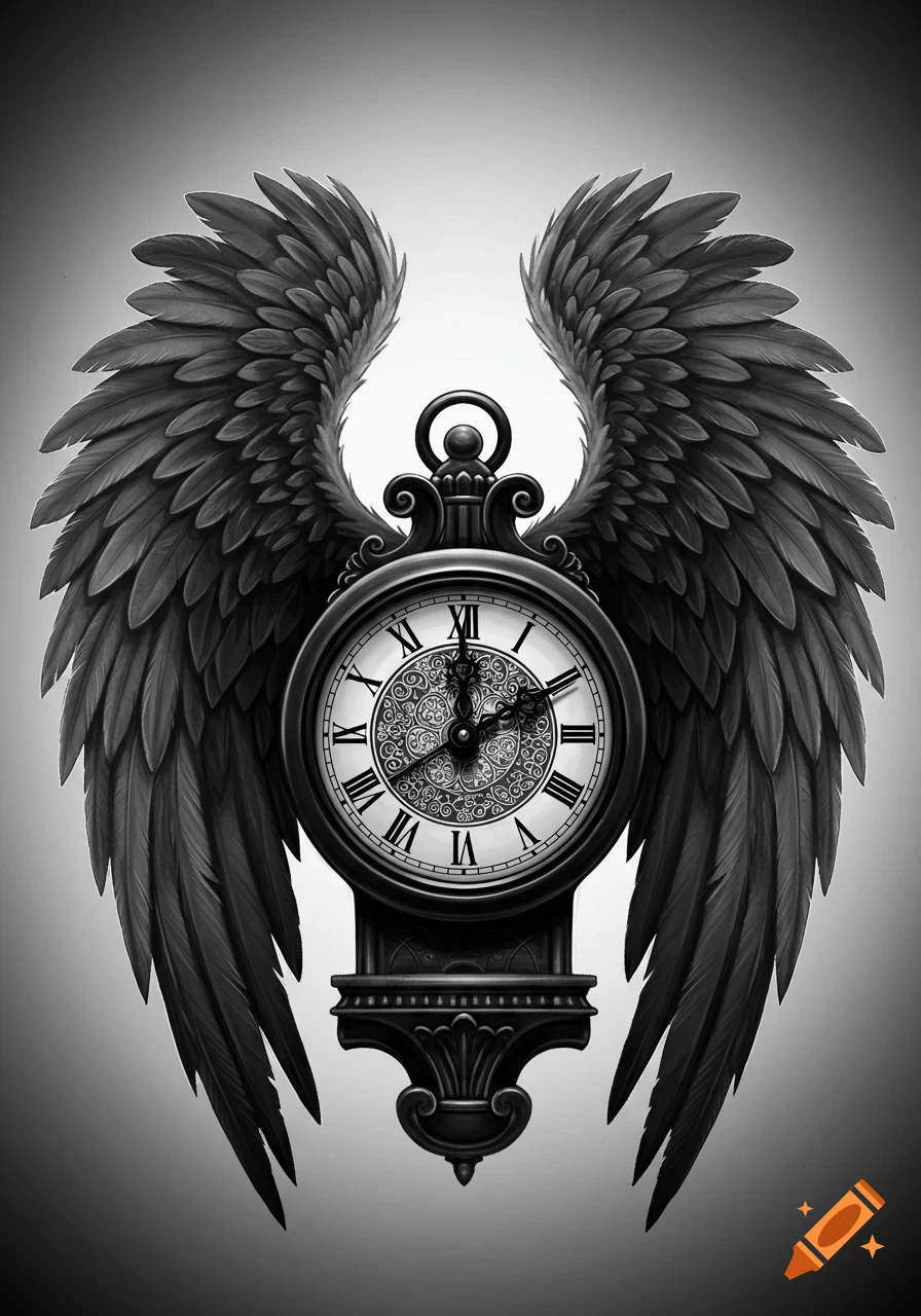 Black and white illustration of an ornate, old-fashioned clock with large, realistic wings spread out.