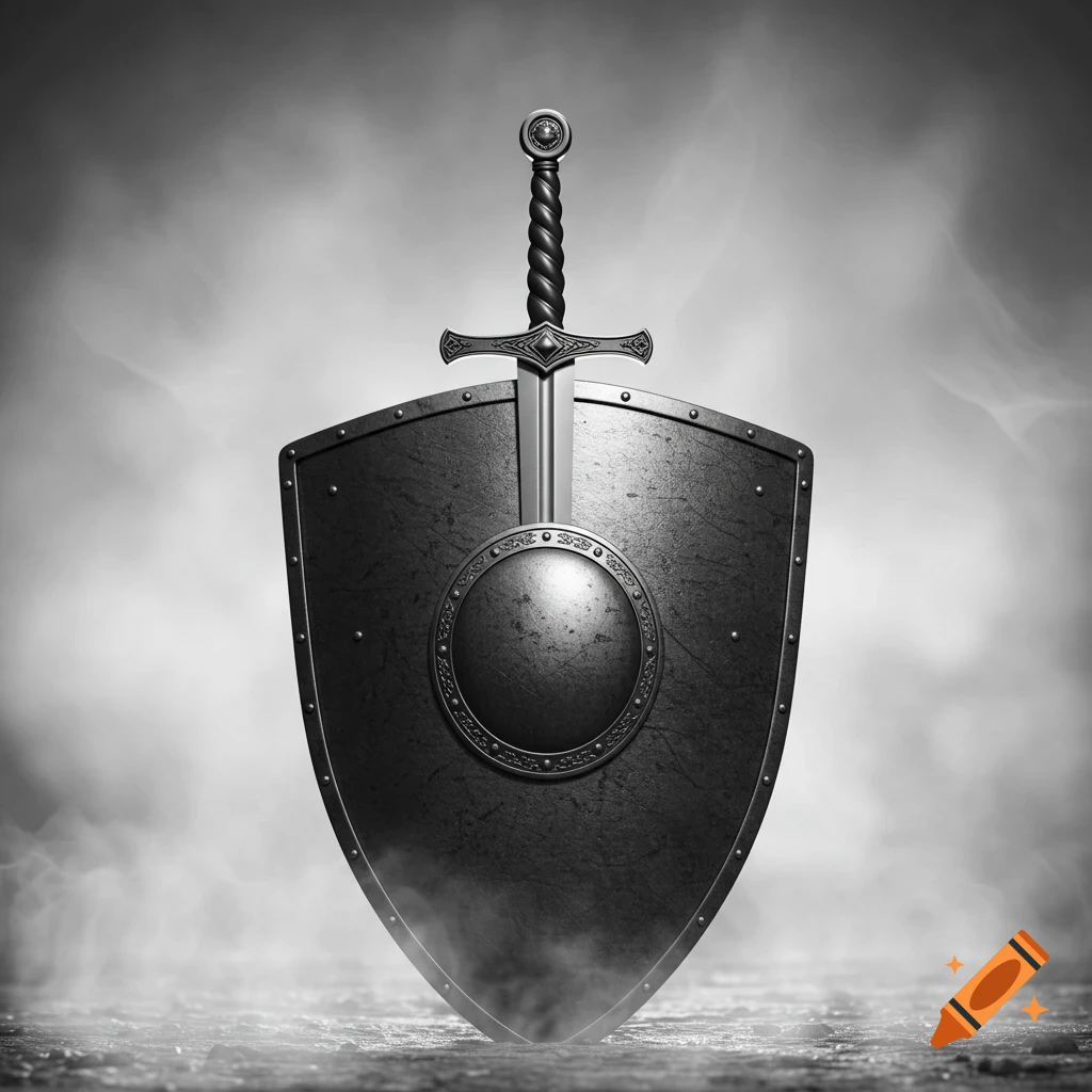 Monochromatic image of a medieval shield with a sword piercing its center, set against a smoky background.