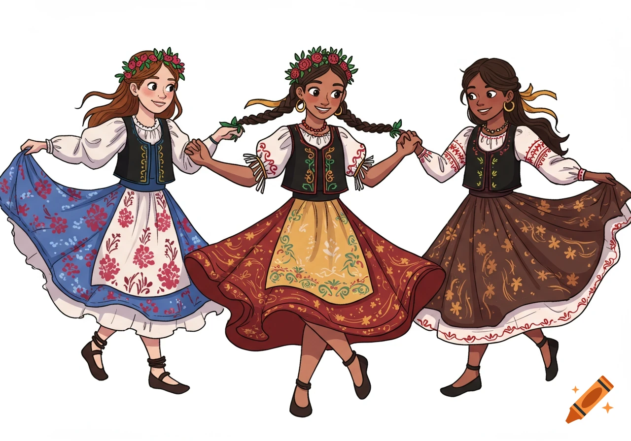 Three smiling girls in colorful traditional costumes dance, holding hands, in a clipart style.