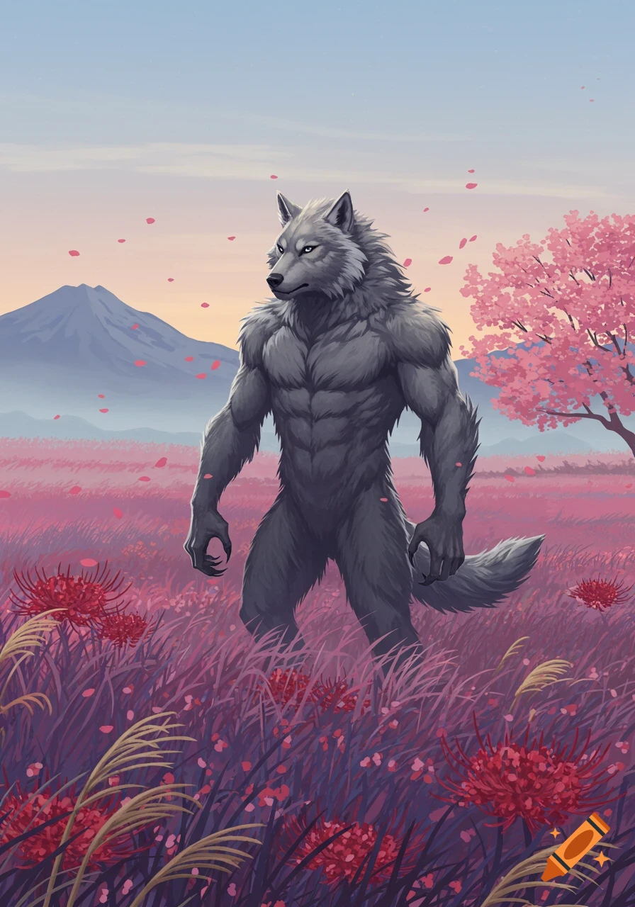 A muscular gray werewolf stands in a field of red spider lilies and purple grass, with pink cherry blossoms and a mountain in the background, in a Japanese art style.