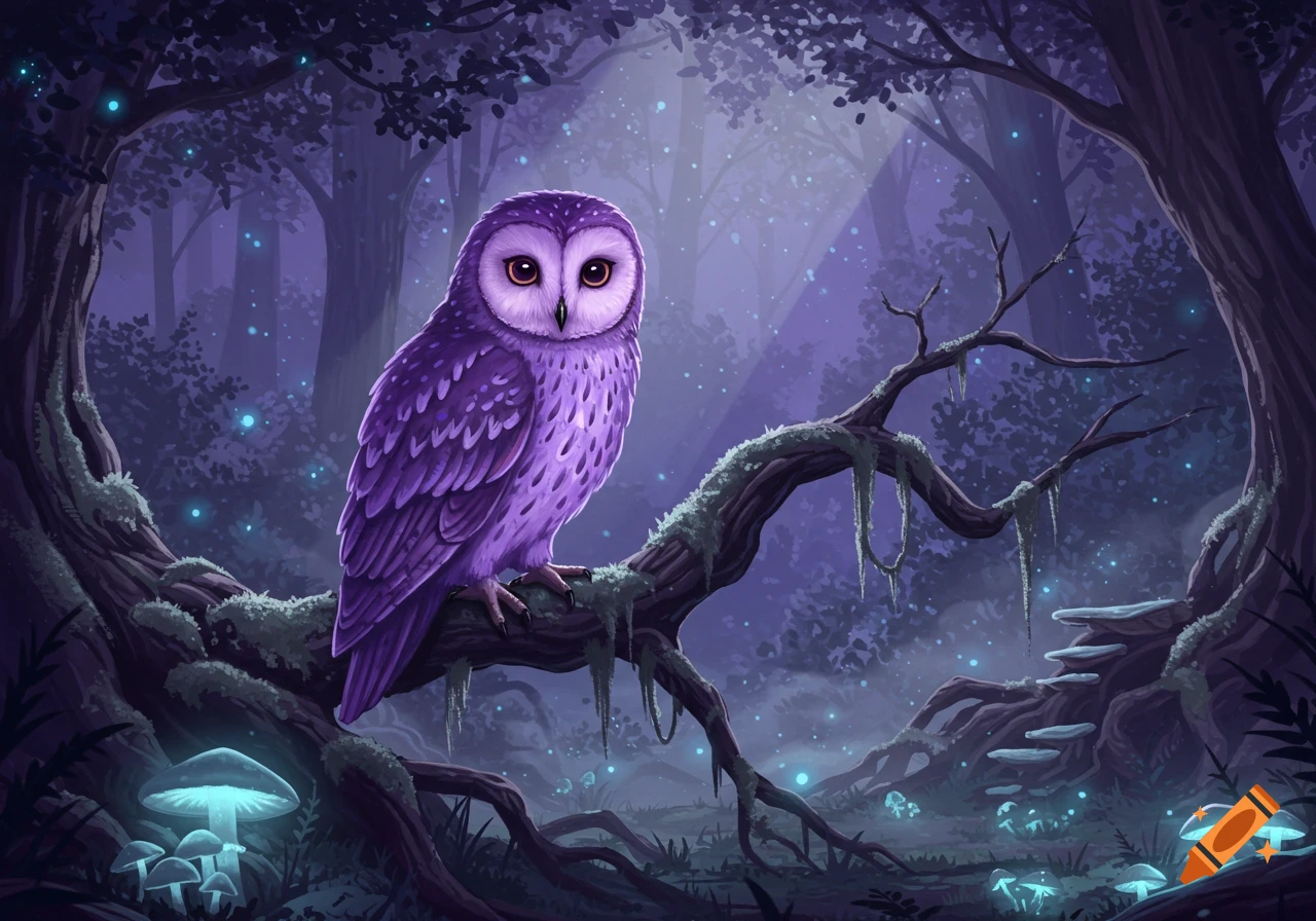 A vibrant purple owl with bright eyes perches on a mossy branch in a magical, glowing purple forest with luminous mushrooms and fireflies.