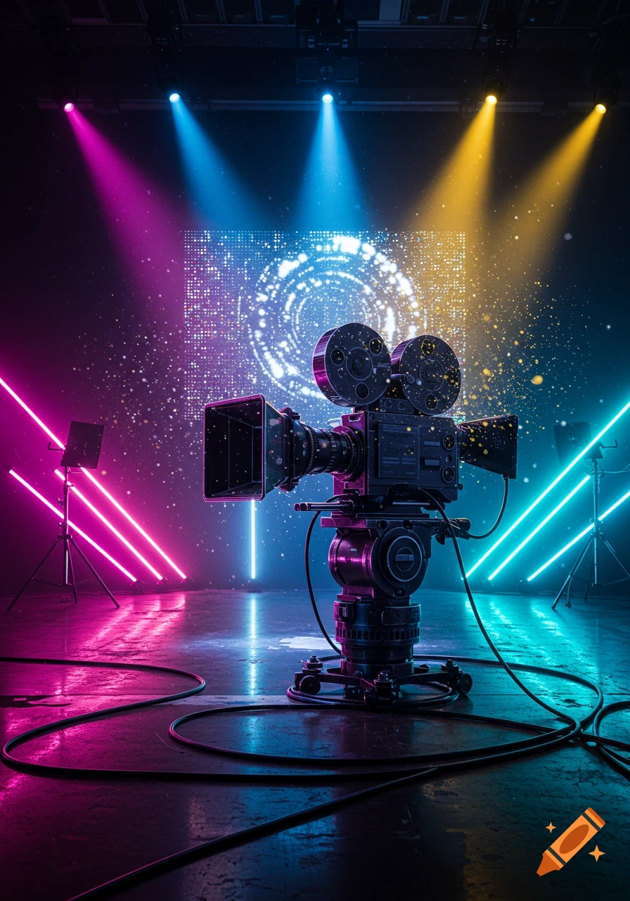 Vintage film camera on a dark stage with vibrant pink, blue, and yellow neon lights and a glowing digital screen.