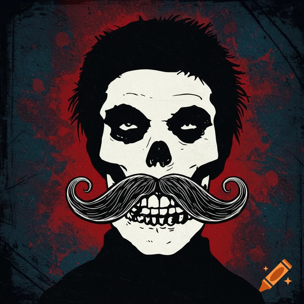 A stylized illustration of a white skull with black hair and a large handlebar mustache against a dark red and blue grunge background.