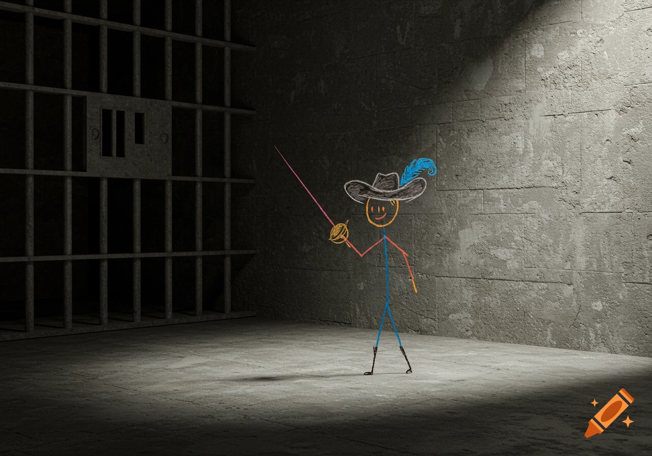 A child's drawing of a stick figure French musketeer with a feathered hat and sword, standing in a concrete jail cell.
