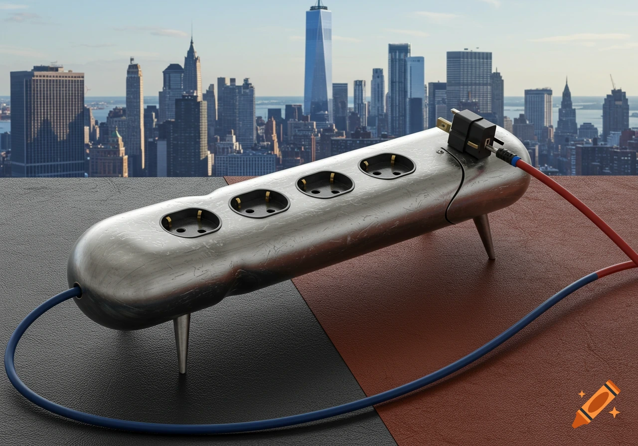 A sleek, brushed aluminum power strip with four outlets and a connected red and blue cable, set against a blurred New York City skyline.