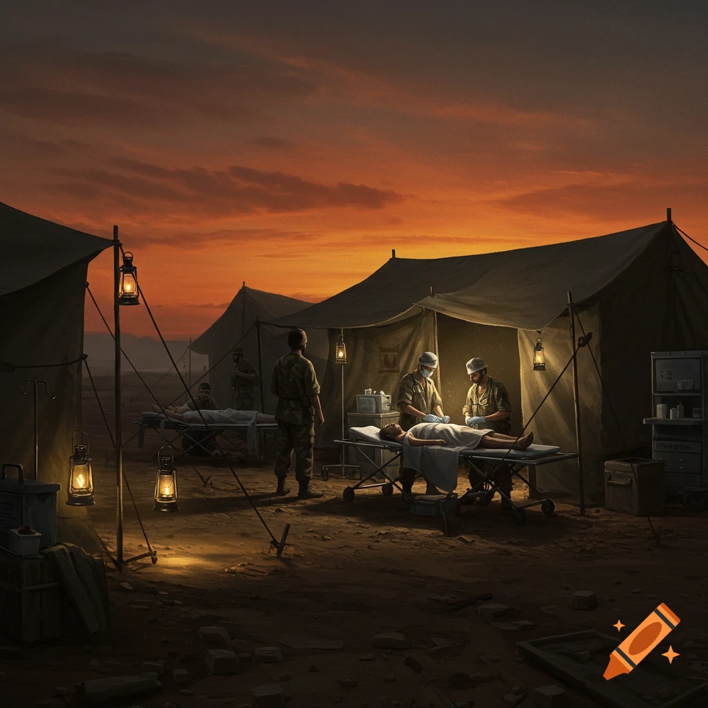 A military field hospital at sunset, with medical personnel attending patients in tents illuminated by lanterns in a desert setting.