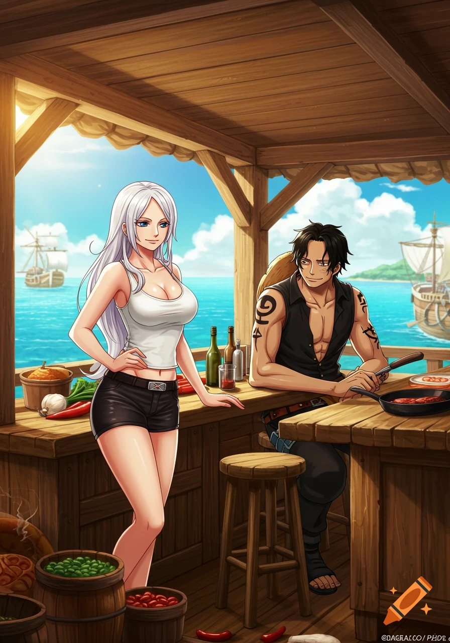Anime art of a white-haired woman in a tank top standing by an outdoor kitchen counter, while a man cooks at a table by the sea.