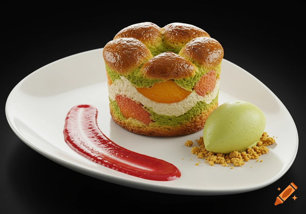 Gourmet dessert with layered green, white, and orange brioche pudding, raspberry coulis, and pistachio ice cream on a teardrop plate.