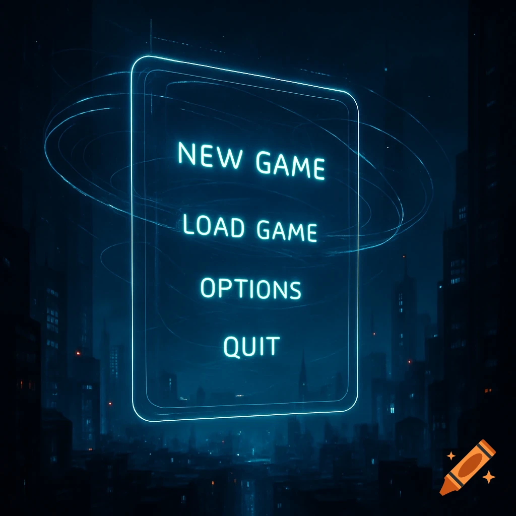 A glowing blue neon futuristic game main menu screen with options for New Game, Load Game, Options, and Quit, set against a dark cyberpunk city background.