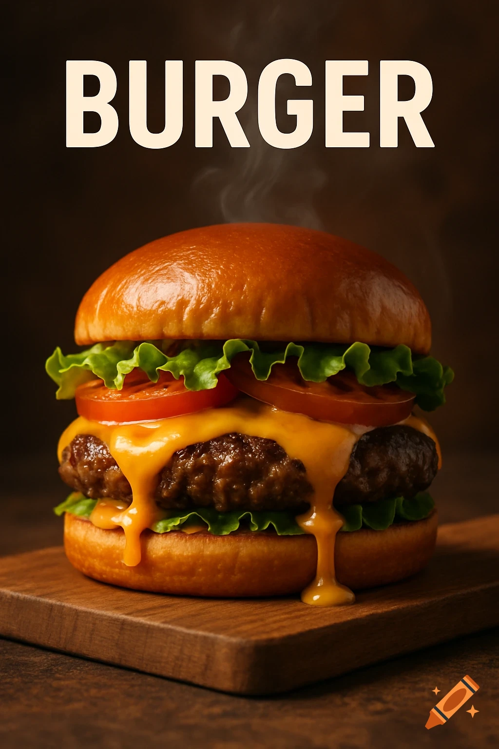 A photorealistic close-up of a juicy burger with melting cheese, lettuce, and tomato on a wooden board, with the text "BURGER" above.