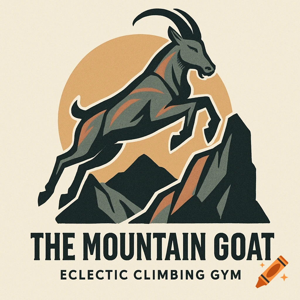 A vintage-style logo featuring a jumping mountain goat over mountains, with a circle in the background. Text reads "THE MOUNTAIN GOAT ECLECTIC CLIMBING GYM".