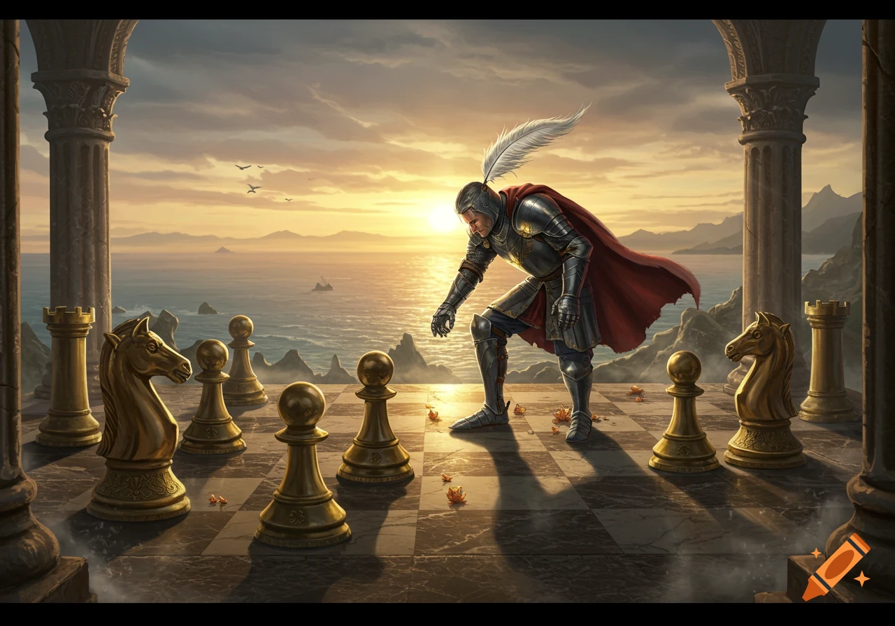 A knight in armor with a red cape bends over a large chessboard on a columned terrace, overlooking a sea and mountains at sunset.