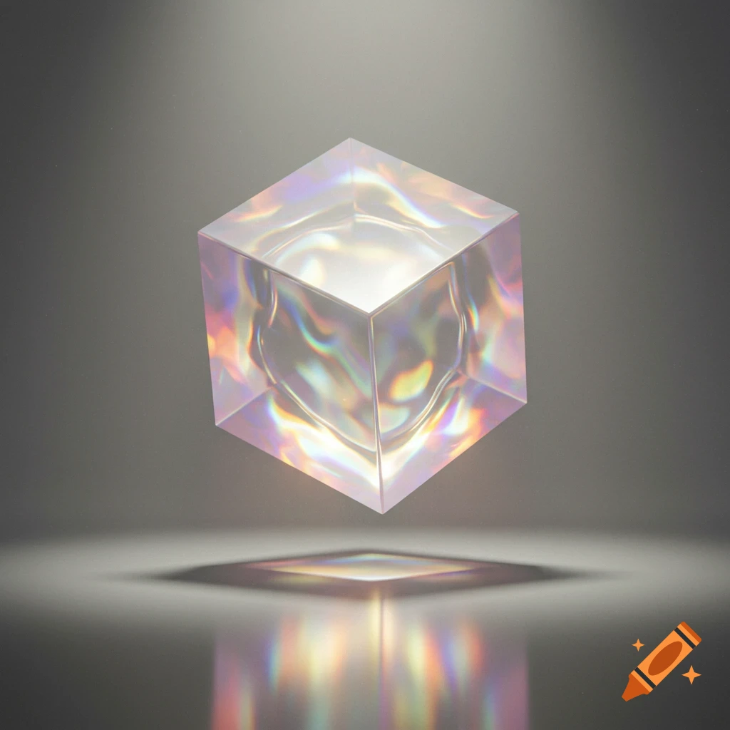 A floating translucent cube refracts light, casting colorful reflections and shadows on a gray surface.