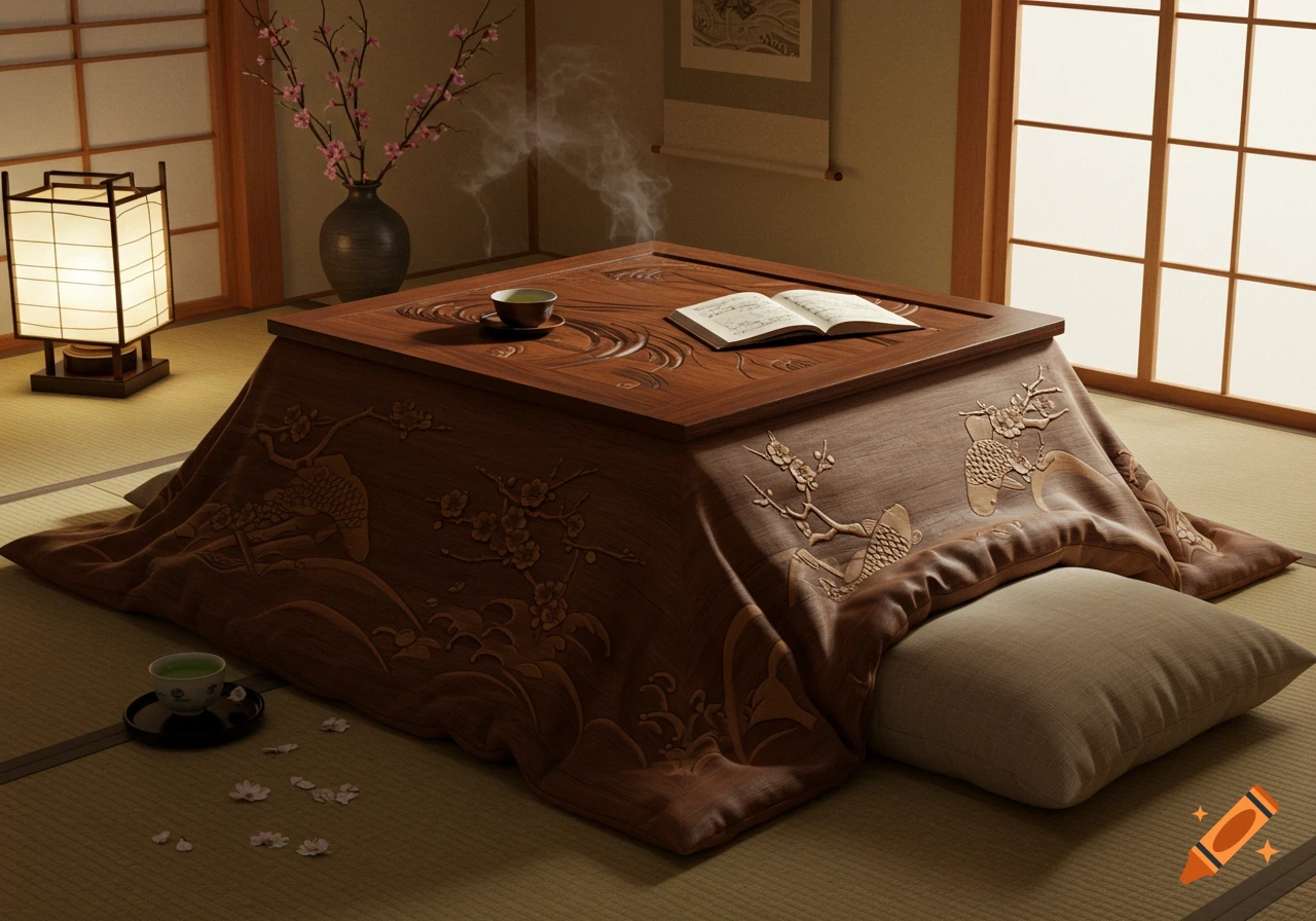 A photorealistic image of a wooden kotatsu table with intricate carvings, covered by a blanket, in a traditional Japanese room. An open book and a cup of tea rest on the table, with more tea and fallen cherry blossoms on the tatami mat floor.