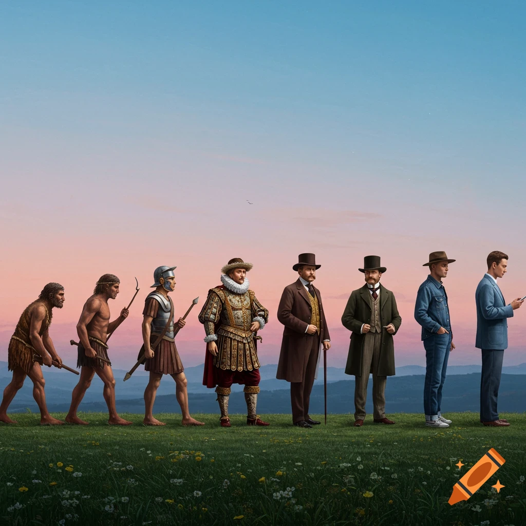 A lineup of eight male figures depicting human evolution, from a prehistoric man to a modern man checking his phone, standing on a grassy field with a colorful sunset sky.
