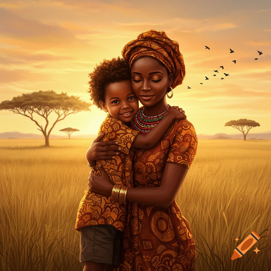 An African mother and her son hug in a savanna at sunset, wearing patterned clothing. Birds fly in the distance.