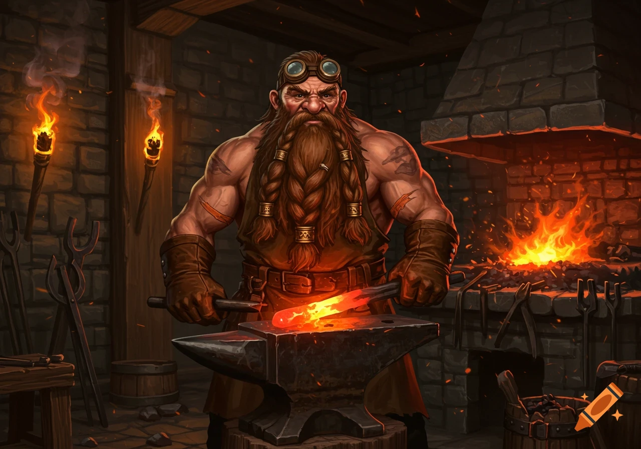 A muscular dwarf blacksmith with a long braided beard and goggles hammers a glowing hot metal bar on an anvil in a fiery forge.
