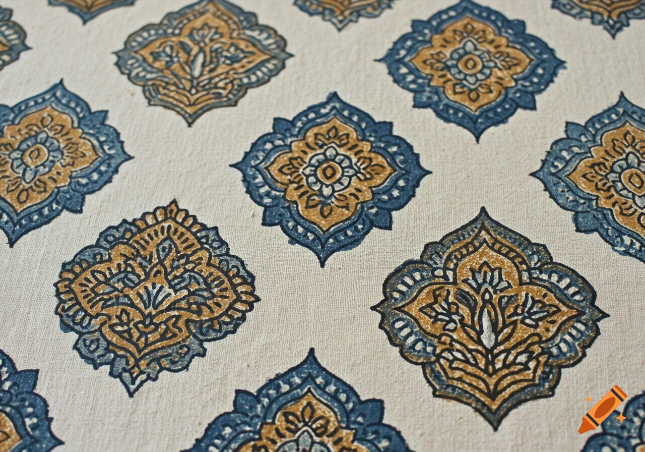 Close-up of a textile with a repeating block printing design in blue and golden brown on a light background.
