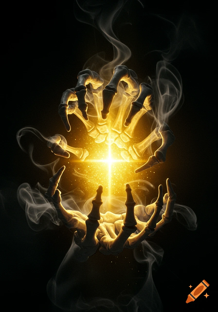 Two skeletal hands reaching from darkness, encompassing a bright golden cross-shaped light with a smoky, ethereal glow.