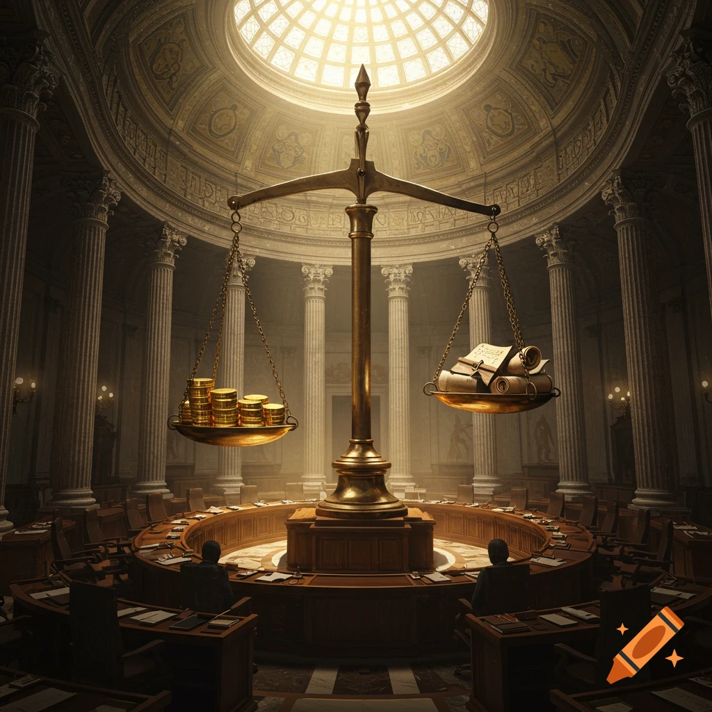 An ornate golden scale balancing stacks of coins and ancient scrolls in a grand, domed hall with pillars and a circular meeting table.