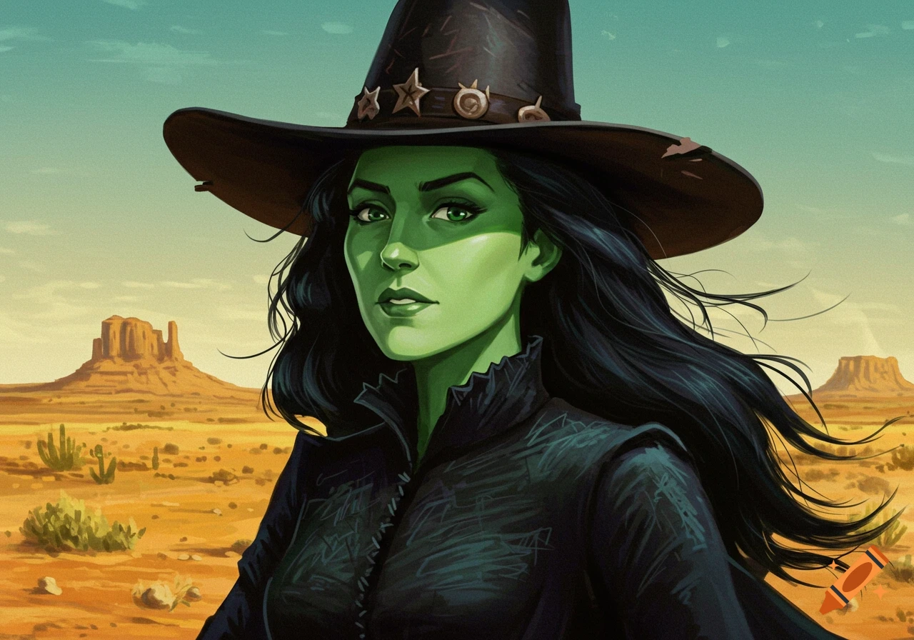 A green-skinned witch with a black cowboy hat stands in a desert with mesas under a teal sky, illustration.