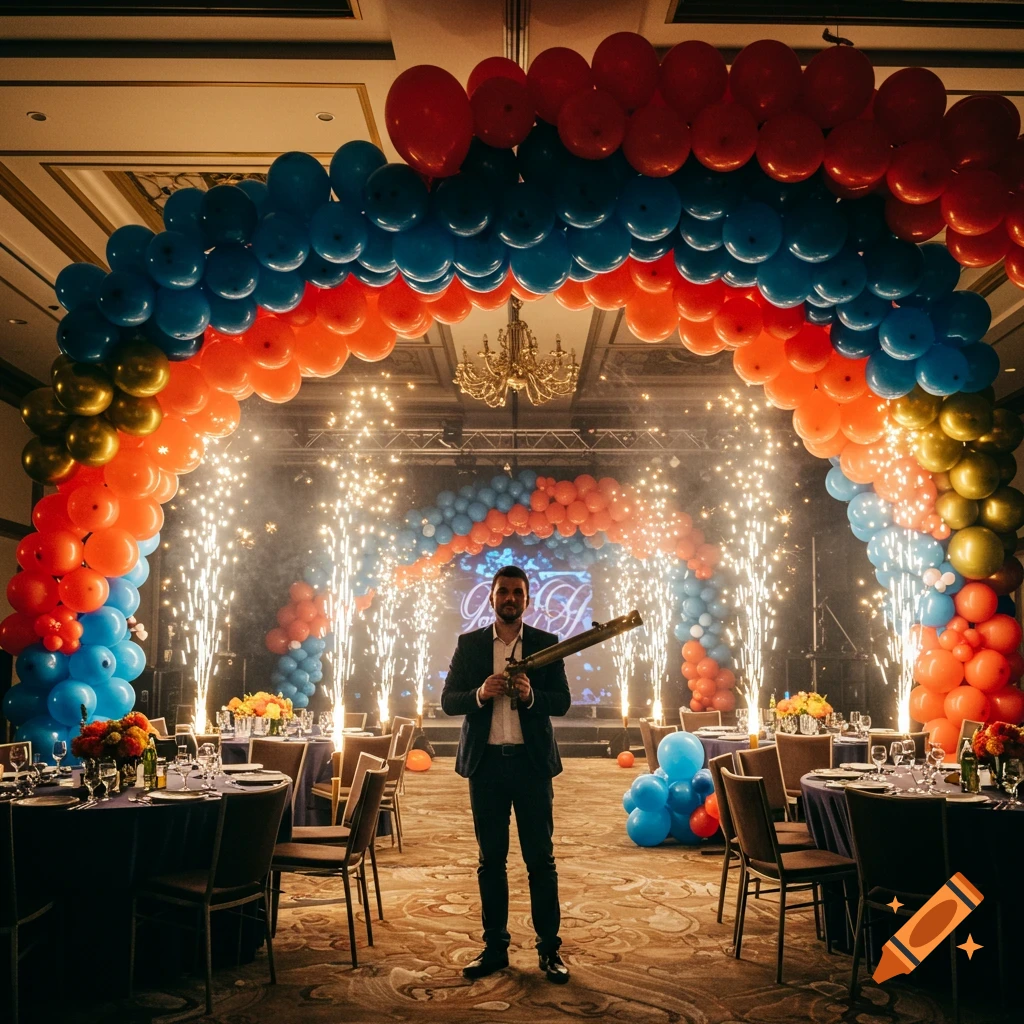 A man in a suit stands in an event hall with a large balloon arch, pyrotechnic sparks, and decorated tables.
