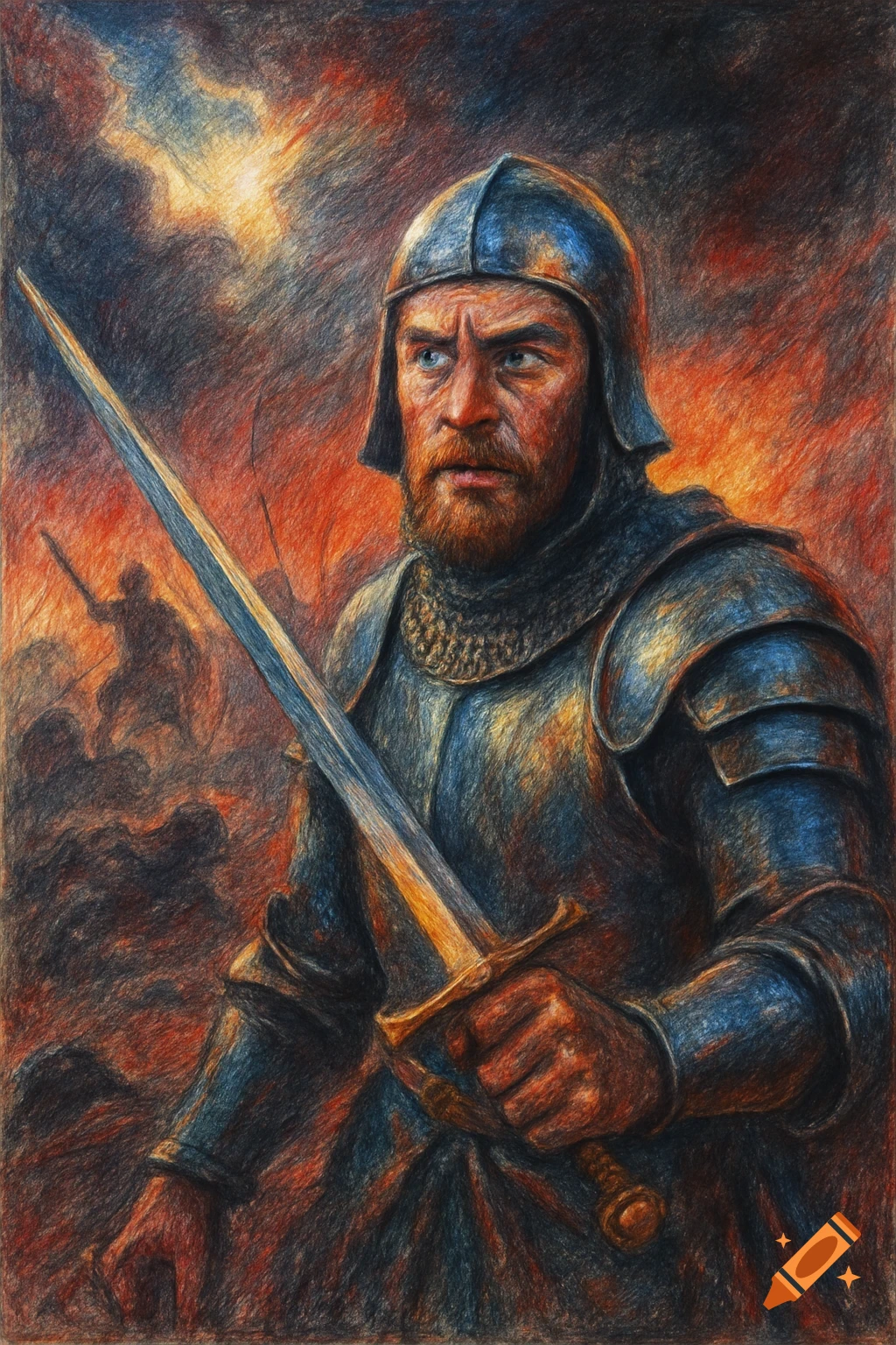 A knight in armor with a beard holds a sword, with a fiery battle raging in the background, in a color pencil drawing style.