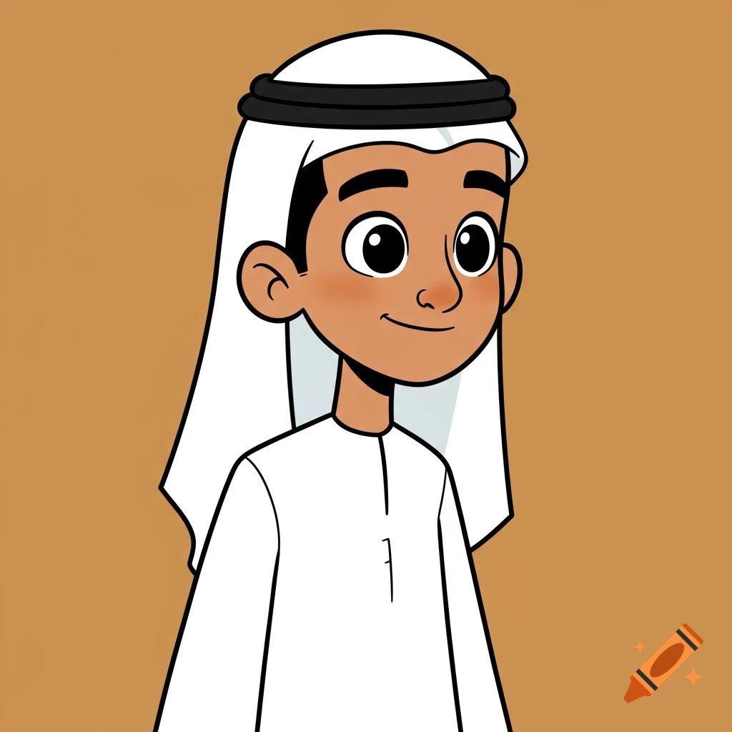 A friendly cartoon of a young Emirati boy with big eyes, wearing a white kandura and ghutra, against a plain brown background.