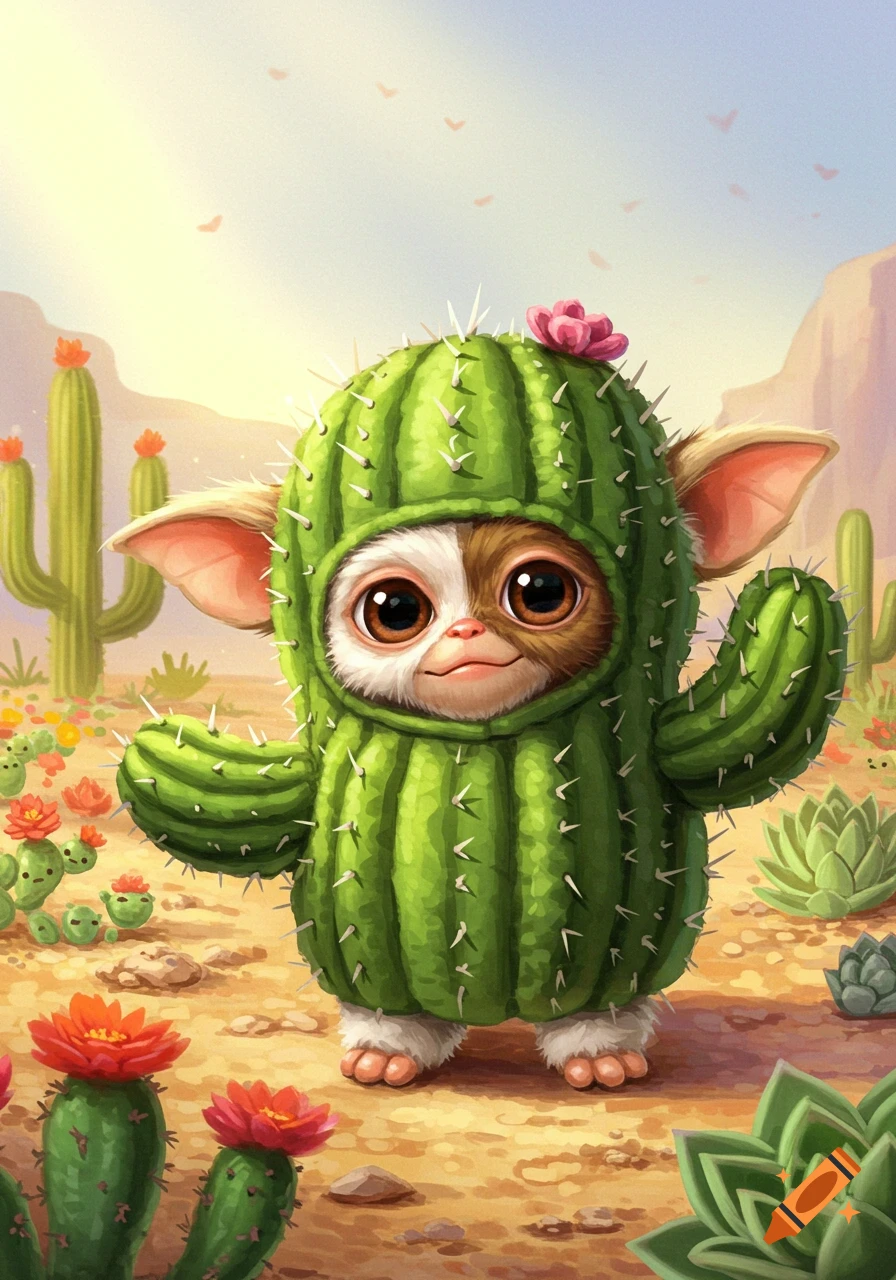 A cute cartoon mogwai with big eyes in a cactus costume stands in a desert landscape with other cacti.