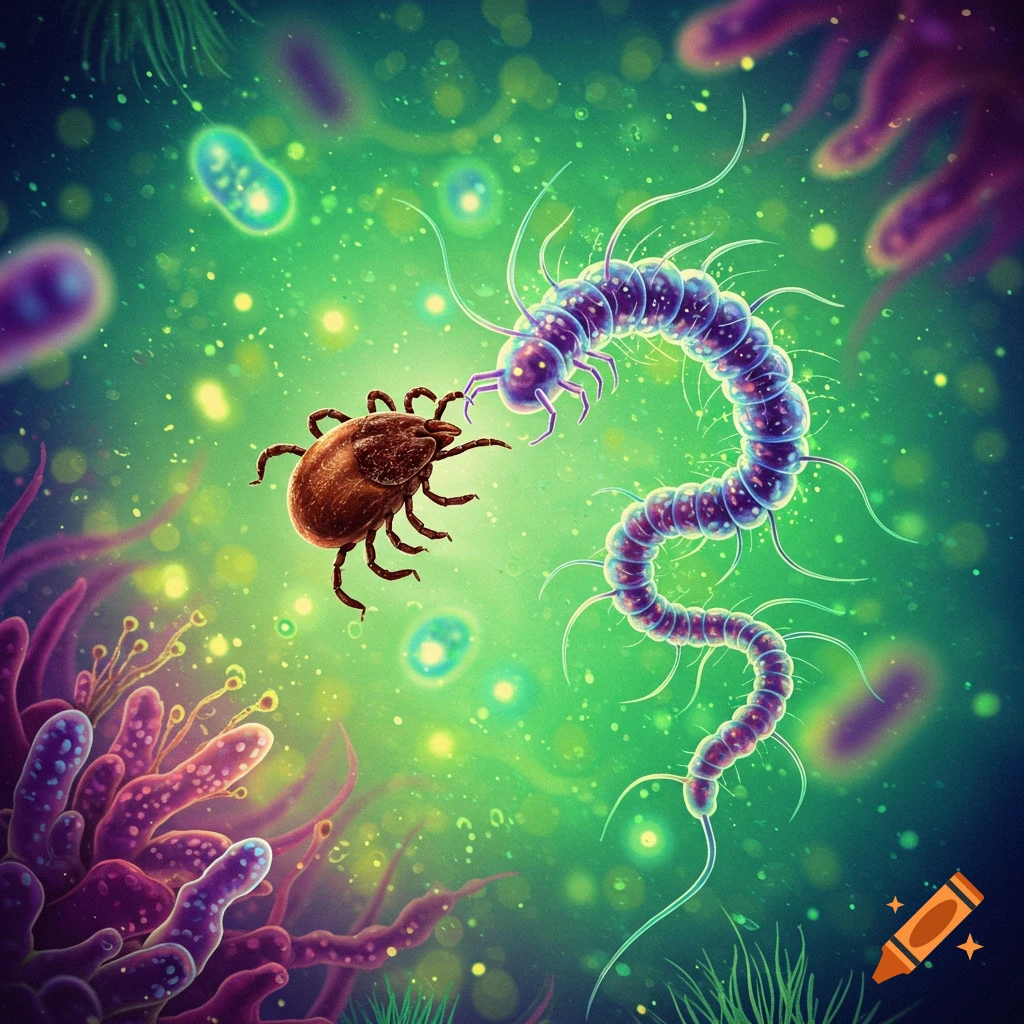 A brown tick faces a long, segmented purple spirochete-like organism in a vibrant green microscopic world with other glowing microbes, in an illustrative style.