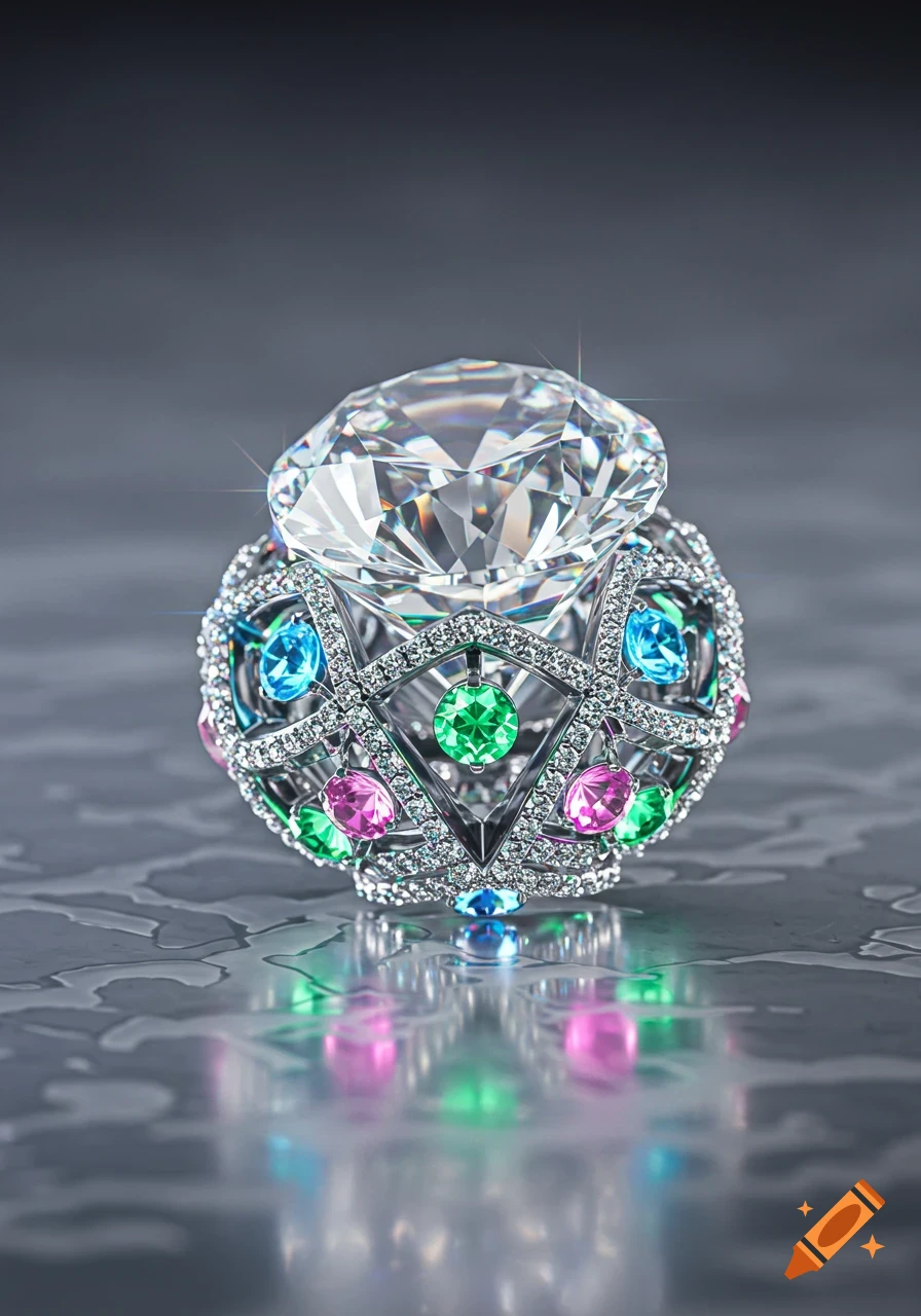 A sparkling diamond ring with colorful blue, green, and pink gemstones set into an intricate silver band, on a reflective surface.