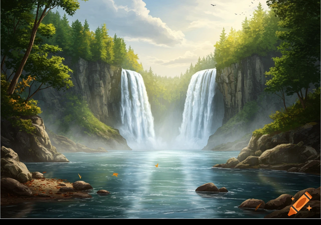 A vibrant digital painting depicts two majestic waterfalls cascading from tree-covered cliffs into a wide, winding river under a bright, cloudy sky.