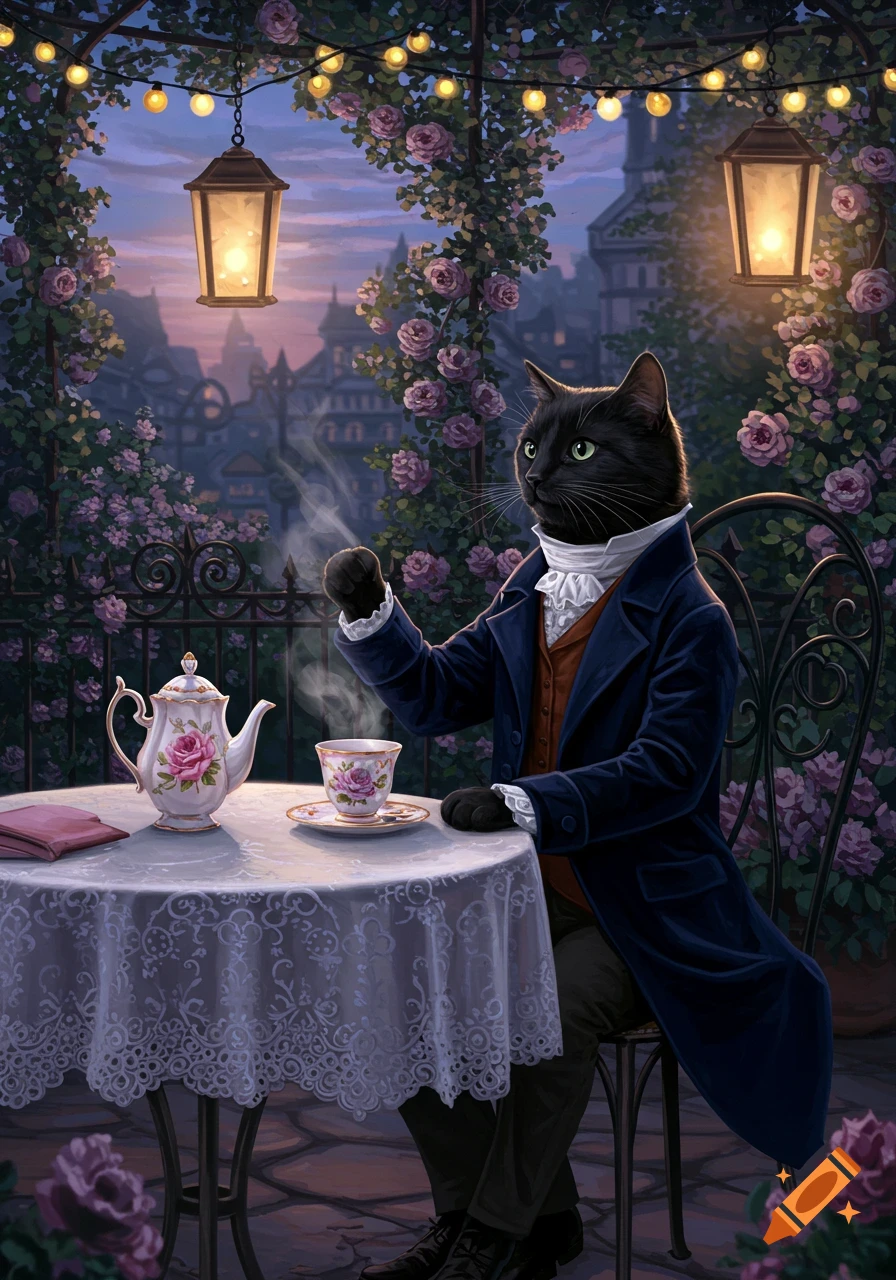 A distinguished black cat in a blue coat sips tea at a table adorned with a teapot and roses, on a balcony at dusk overlooking a city.