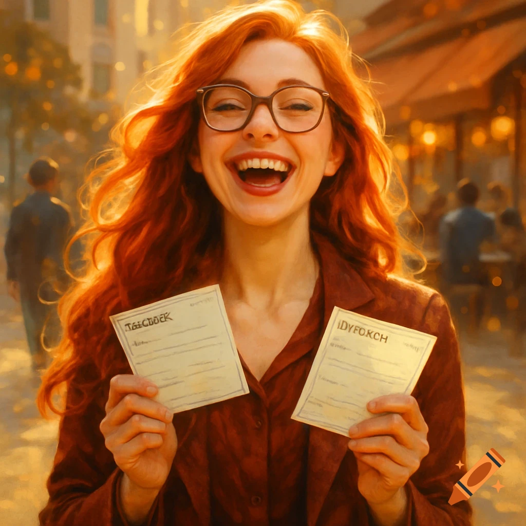 A beautiful, happy woman with long red hair and glasses beams with a wide smile, holding two paychecks outdoors in warm sunlight.