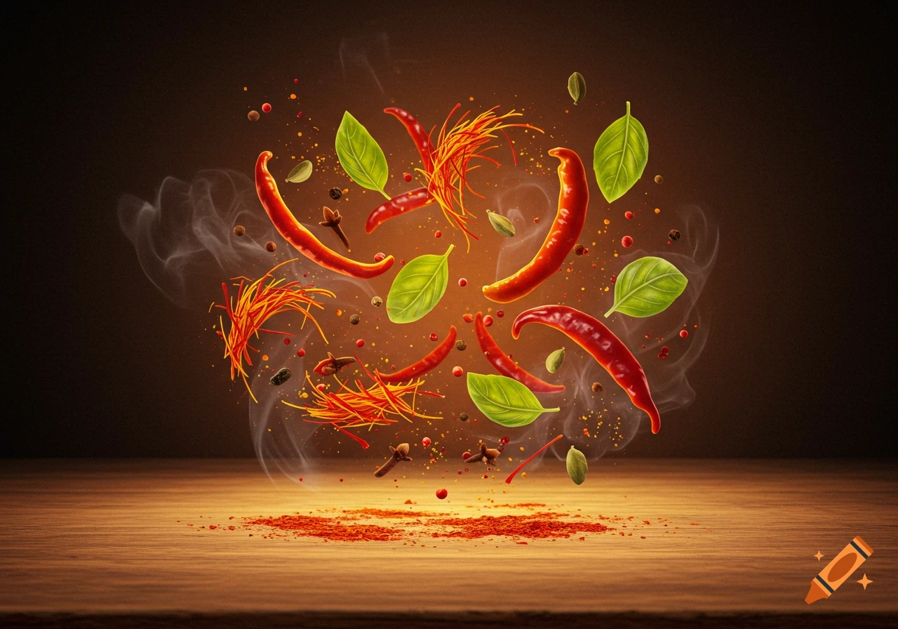 Red chili peppers, basil leaves, saffron, and various spices float dynamically above a wooden table with chili powder against a dark background.