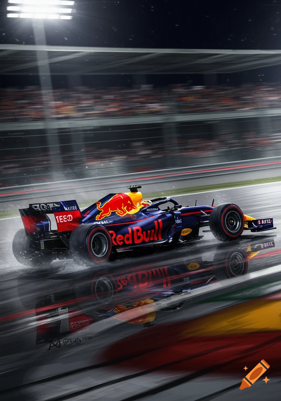 A Red Bull Formula 1 car races at night on a wet track, illuminated by stadium lights, with motion blur and reflections.