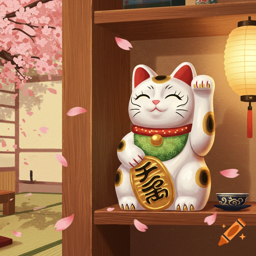 A white Maneki-neko statue with a raised paw, holding a gold coin, sits on a shelf with a Japanese lantern and cherry blossoms outside.