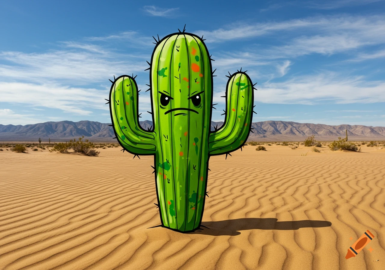 An angry graffiti pop art style cactus stands in a realistic desert landscape with sand dunes and mountains.