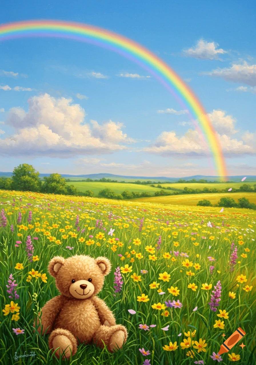 A cute brown teddy bear sits in a vibrant field of yellow and purple wildflowers under a bright blue sky with a colorful rainbow, illustration.